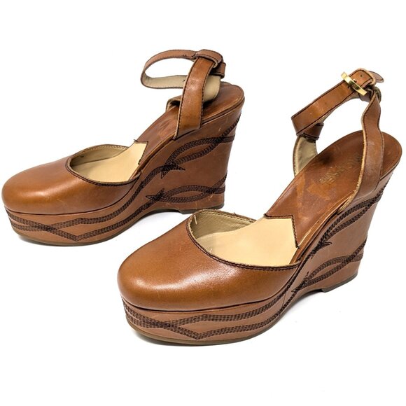 Michael Kors Closed Toe Platform Wedge Shoes Ankle Strap Tan Hide 8.5 Embroidery - Picture 5 of 16
